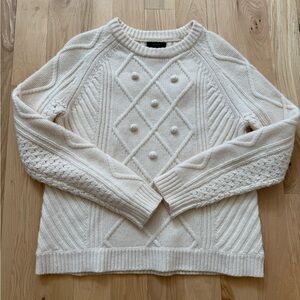 J. Crew Pom Pom Cable Sweater 100% Wool Crewneck Ivory F9327 Size S